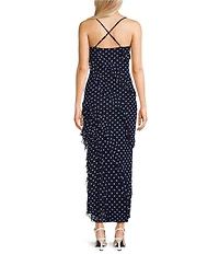 Allison & Kelly Mesh Polka Dot Asymmetrical Ruffled Criss Cross Back Maxi Dress