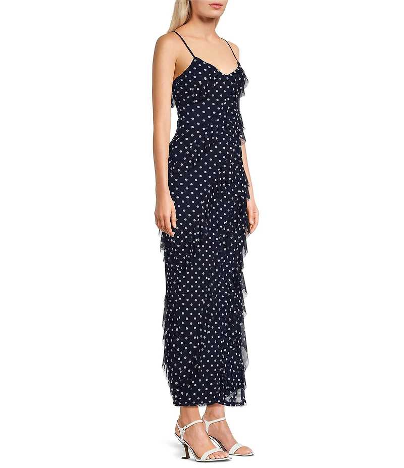 Allison & Kelly Mesh Polka Dot Asymmetrical Ruffled Criss Cross Back Maxi Dress