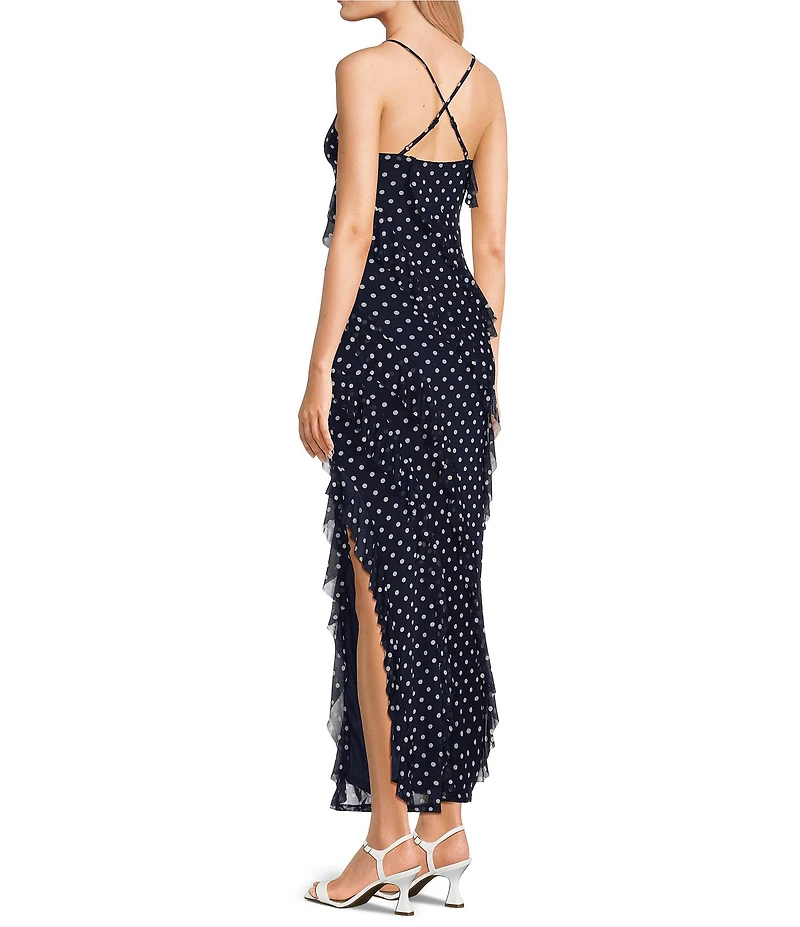 Allison & Kelly Mesh Polka Dot Asymmetrical Ruffled Criss Cross Back Maxi Dress