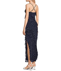 Allison & Kelly Mesh Polka Dot Asymmetrical Ruffled Criss Cross Back Maxi Dress