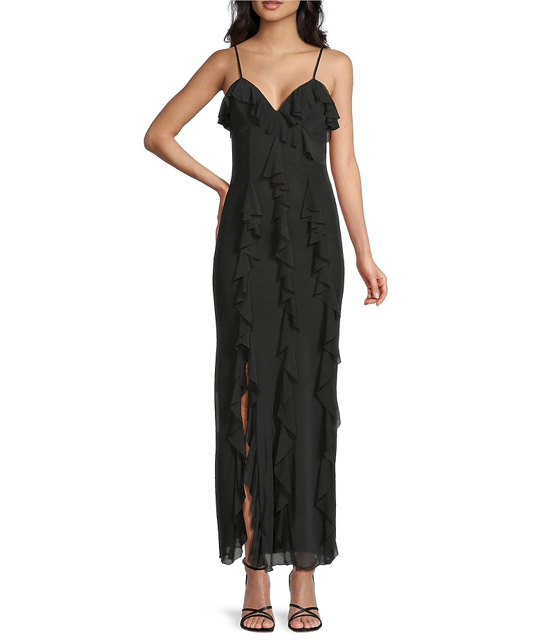 Allison & Kelly Mesh V-Neck Ruffle Side Slit Maxi Dress