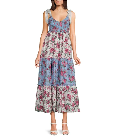 Allison & Kelly Mix-Media Floral Printed Tie Shoulder V-Neck Smocked Maxi Dress