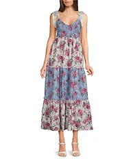 Allison & Kelly Mix-Media Floral Printed Tie Shoulder V-Neck Smocked Maxi Dress