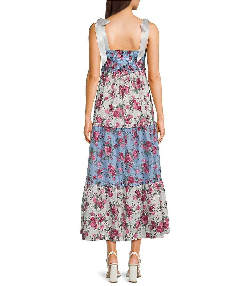 Allison & Kelly Mix-Media Floral Printed Tie Shoulder V-Neck Smocked Maxi Dress