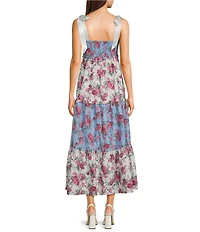 Allison & Kelly Mix-Media Floral Printed Tie Shoulder V-Neck Smocked Maxi Dress