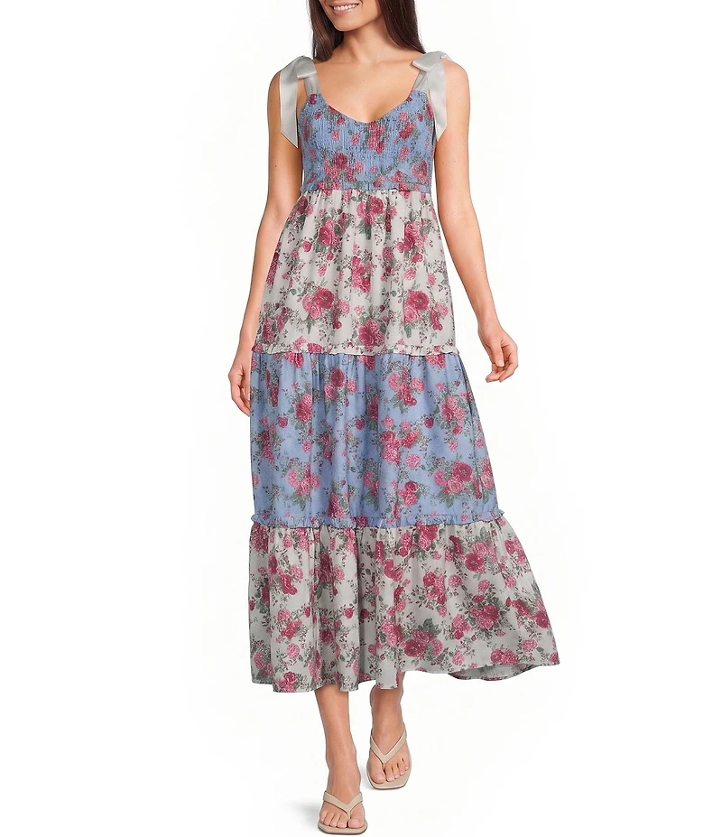 Allison & Kelly Mix-Media Floral Printed Tie Shoulder V-Neck Smocked Maxi Dress