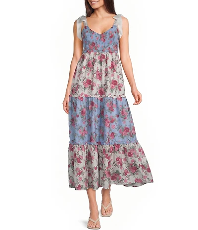 Allison & Kelly Mix-Media Floral Printed Tie Shoulder V-Neck Smocked Maxi Dress