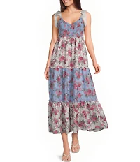 Allison & Kelly Mix-Media Floral Printed Tie Shoulder V-Neck Smocked Maxi Dress