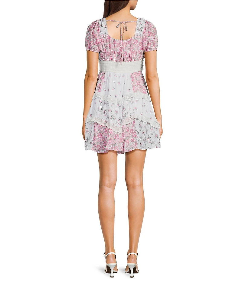 Allison & Kelly Mix Printed Short Puff Sleeve V-Neck Tie Front Mini Dress