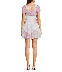 Allison & Kelly Mix Printed Short Puff Sleeve V-Neck Tie Front Mini Dress