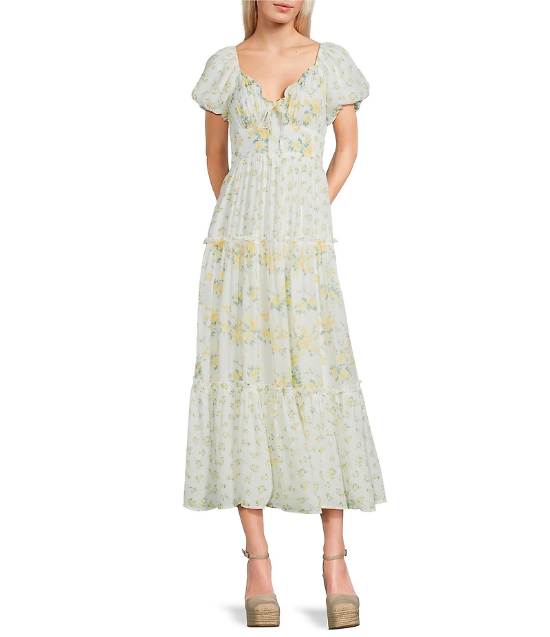 Allison & Kelly Mixed Floral Printed V-Neck Bubble Sleeve Maxi Dress