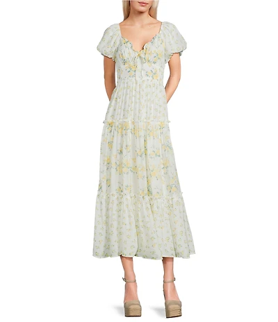 Allison & Kelly Mixed Floral Printed V-Neck Bubble Sleeve Maxi Dress