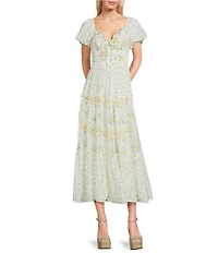 Allison & Kelly Mixed Floral Printed V-Neck Bubble Sleeve Maxi Dress