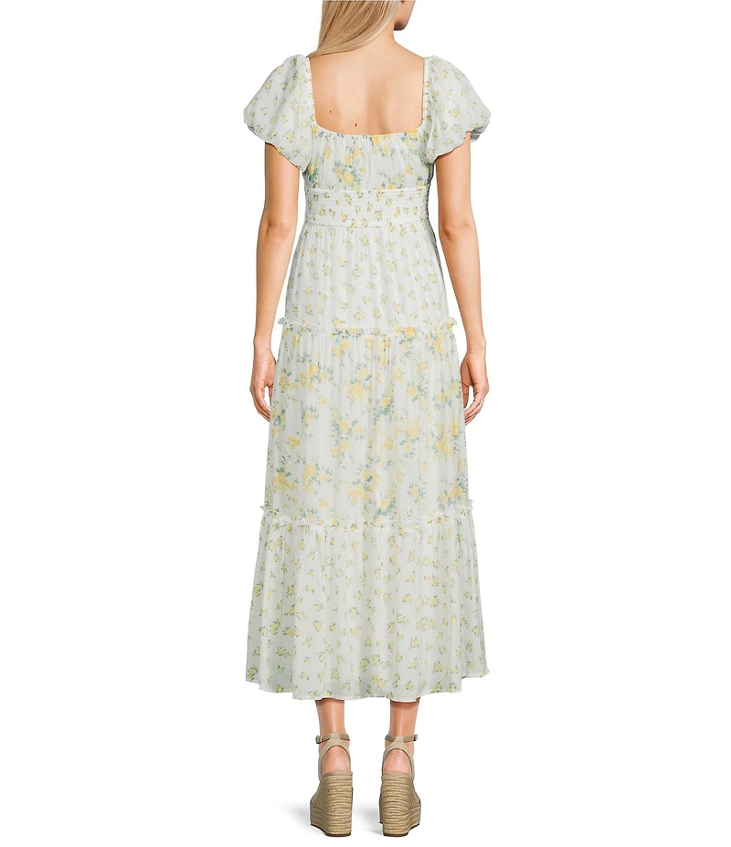 Allison & Kelly Mixed Floral Printed V-Neck Bubble Sleeve Maxi Dress