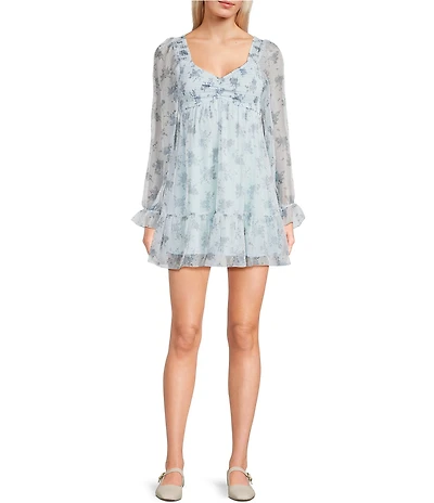 Allison & Kelly Organza Floral Printed Smocked V-Neck Long Sleeve Dress