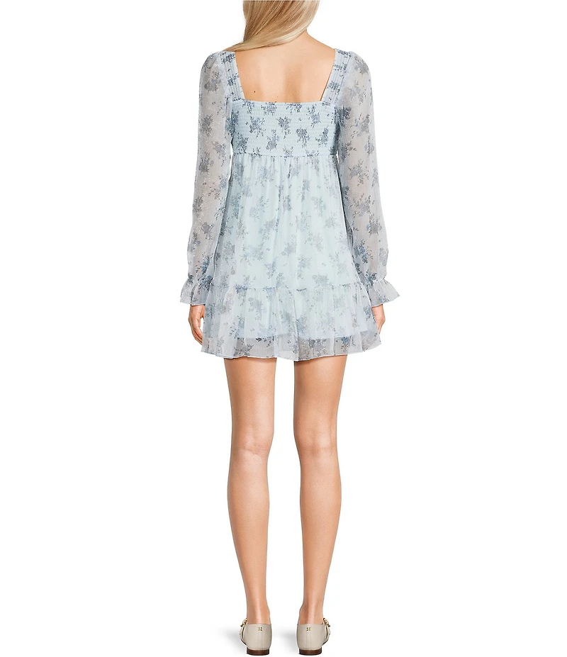 Allison & Kelly Organza Floral Printed Smocked V-Neck Long Sleeve Dress