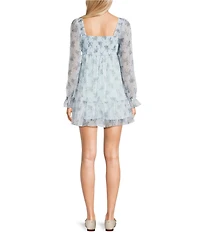 Allison & Kelly Organza Floral Printed Smocked V-Neck Long Sleeve Dress