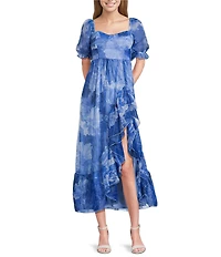 Allison & Kelly Organza Printed Short Puff Sleeve Sweetheart Neck Ruffled Side Slit Maxi Dress