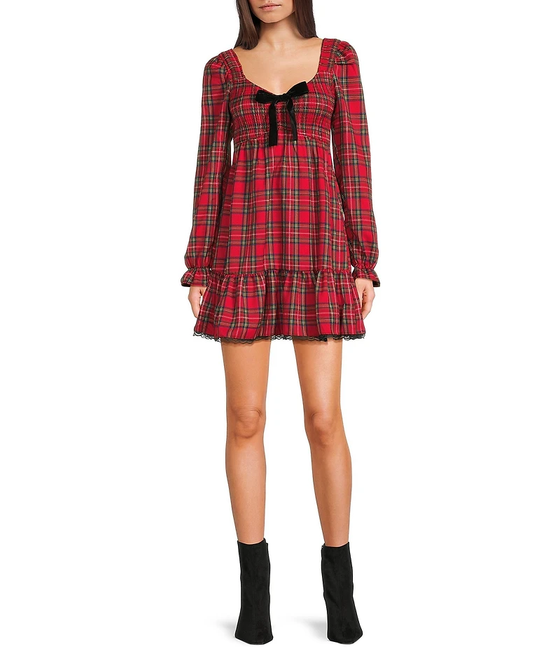 Allison & Kelly Plaid Printed Bow Front Smocked Long Sleeve Dress