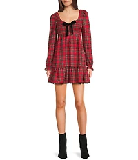 Allison & Kelly Plaid Printed Bow Front Smocked Long Sleeve Dress