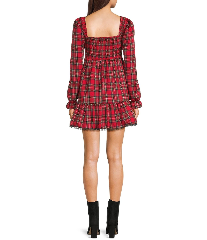 Allison & Kelly Plaid Printed Bow Front Smocked Long Sleeve Dress