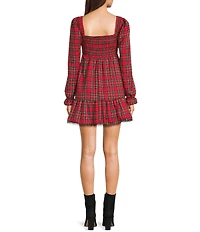 Allison & Kelly Plaid Printed Bow Front Smocked Long Sleeve Dress