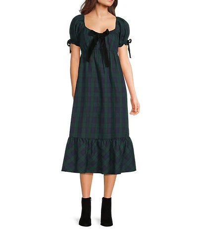 Allison & Kelly Plaid Printed Scoop Neck Bow Front Short Sleeve Midi Dress
