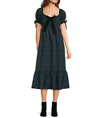 Allison & Kelly Plaid Printed Scoop Neck Bow Front Short Sleeve Midi Dress