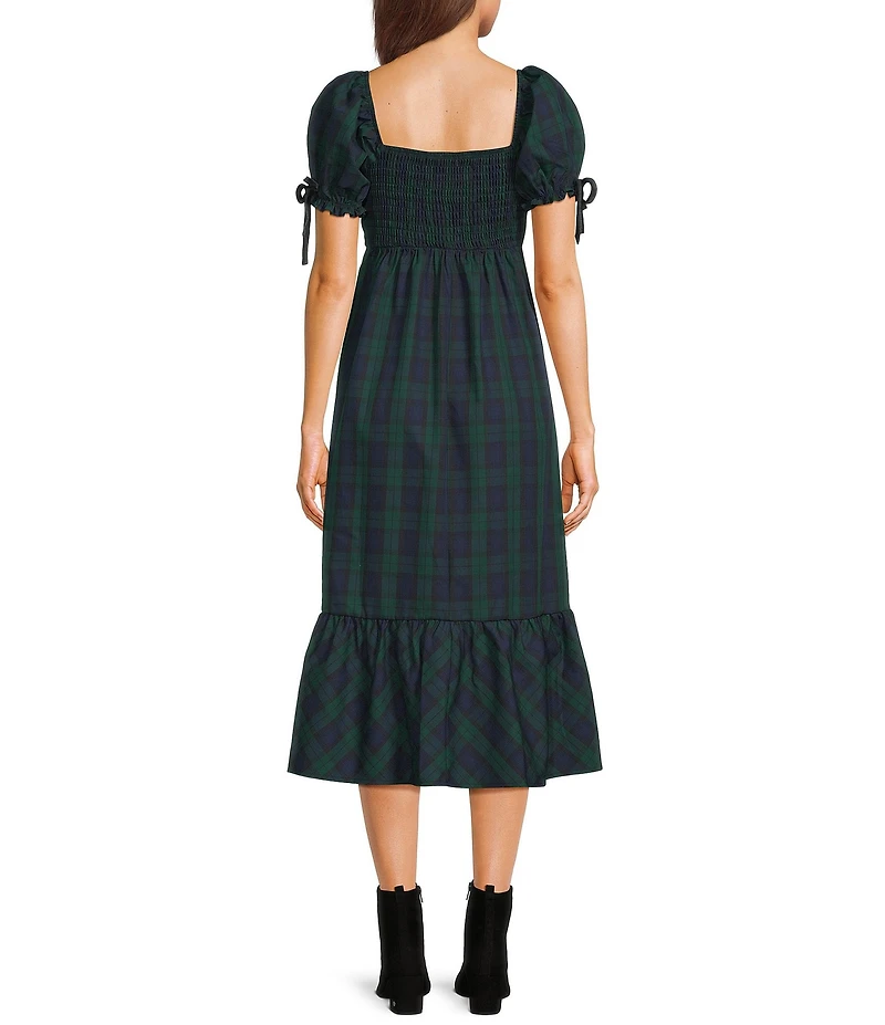 Allison & Kelly Plaid Printed Scoop Neck Bow Front Short Sleeve Midi Dress