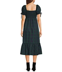 Allison & Kelly Plaid Printed Scoop Neck Bow Front Short Sleeve Midi Dress