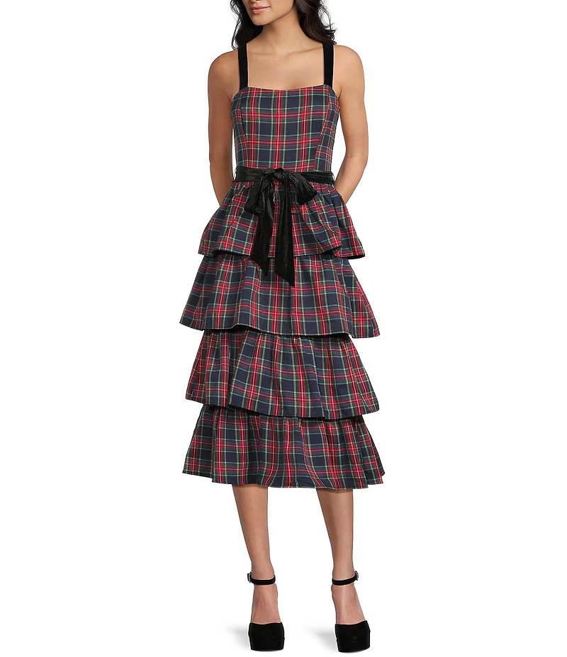 Allison & Kelly Plaid Printed Square Neck Tie Waist Tiered Dress