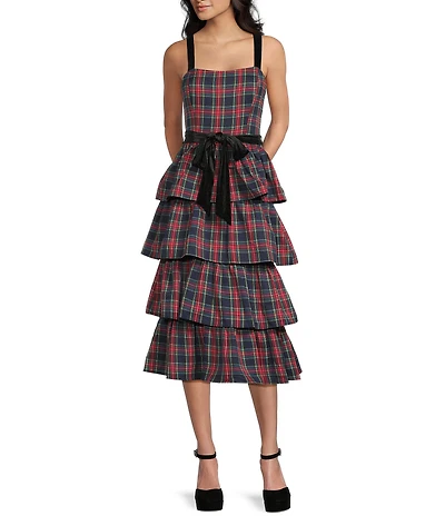 Allison & Kelly Plaid Printed Square Neck Tie Waist Tiered Dress