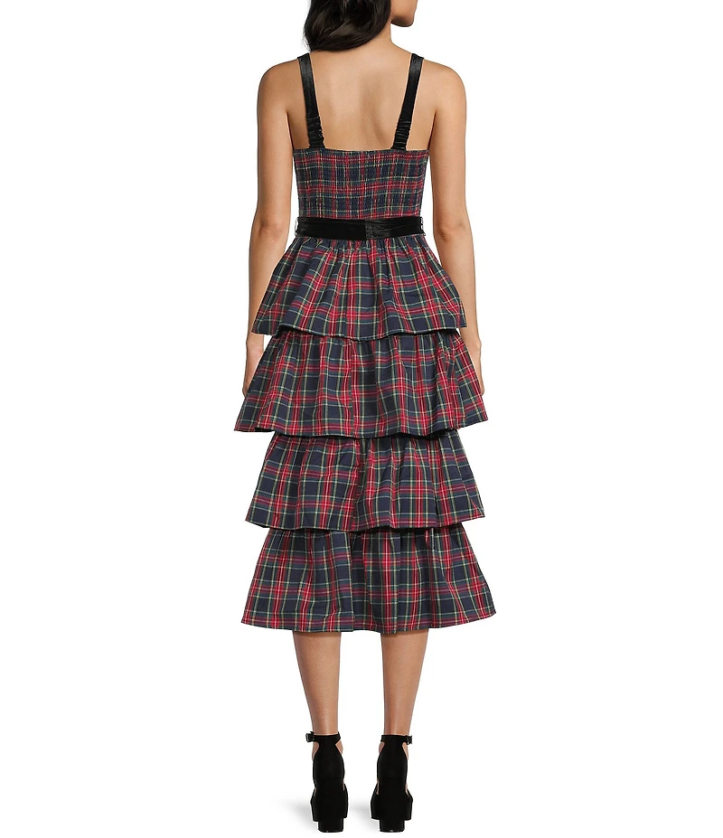 Allison & Kelly Plaid Printed Square Neck Tie Waist Tiered Dress