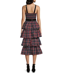 Allison & Kelly Plaid Printed Square Neck Tie Waist Tiered Dress