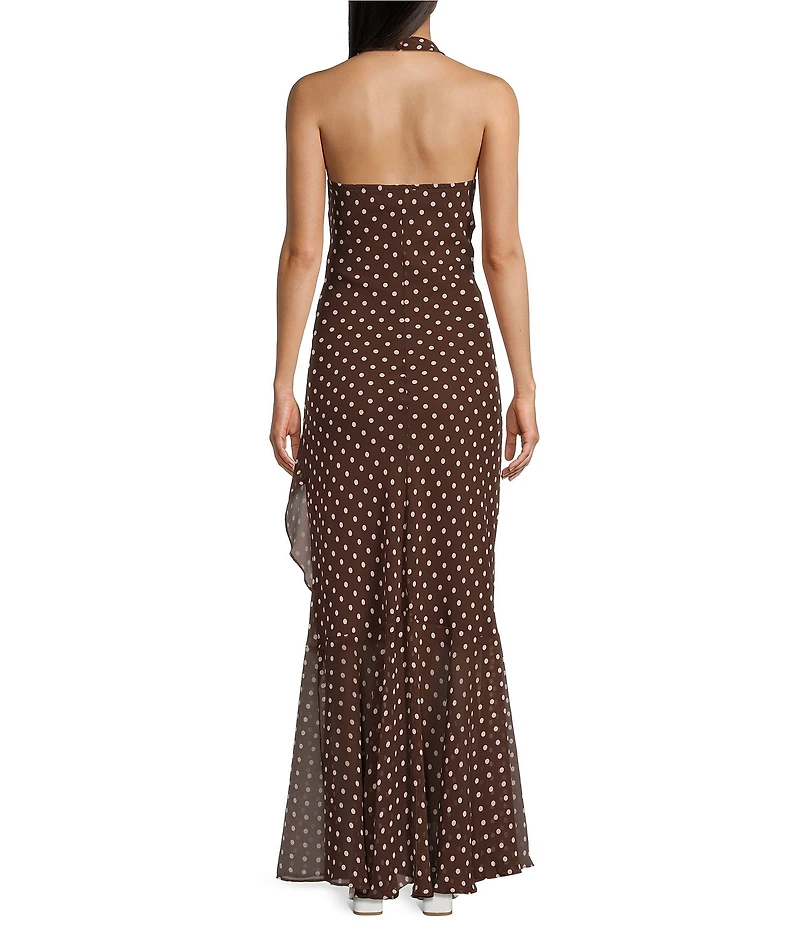 Allison & Kelly Polka Dot Halter V-Neck Ruffled Maxi Dress