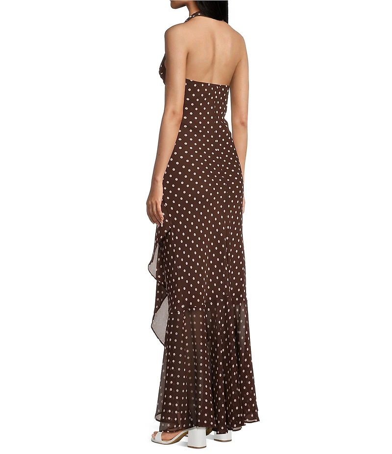 Allison & Kelly Polka Dot Halter V-Neck Ruffled Maxi Dress
