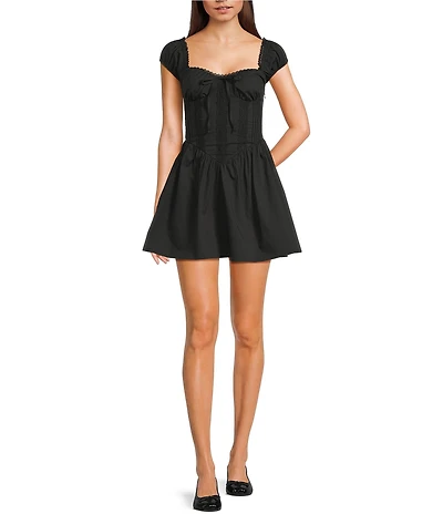 Allison & Kelly Poplin Short Puffed Sleeve Sweetheart Neck Corseted Tie Back Dress