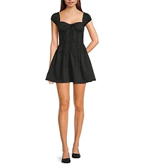 Allison & Kelly Poplin Cap Puffed Sleeve Sweetheart Neck Corseted Tie Back Dress