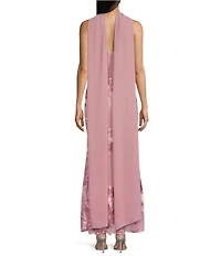 Allison & Kelly Power Mesh Floral Design Scoop Neck Scarf Dress