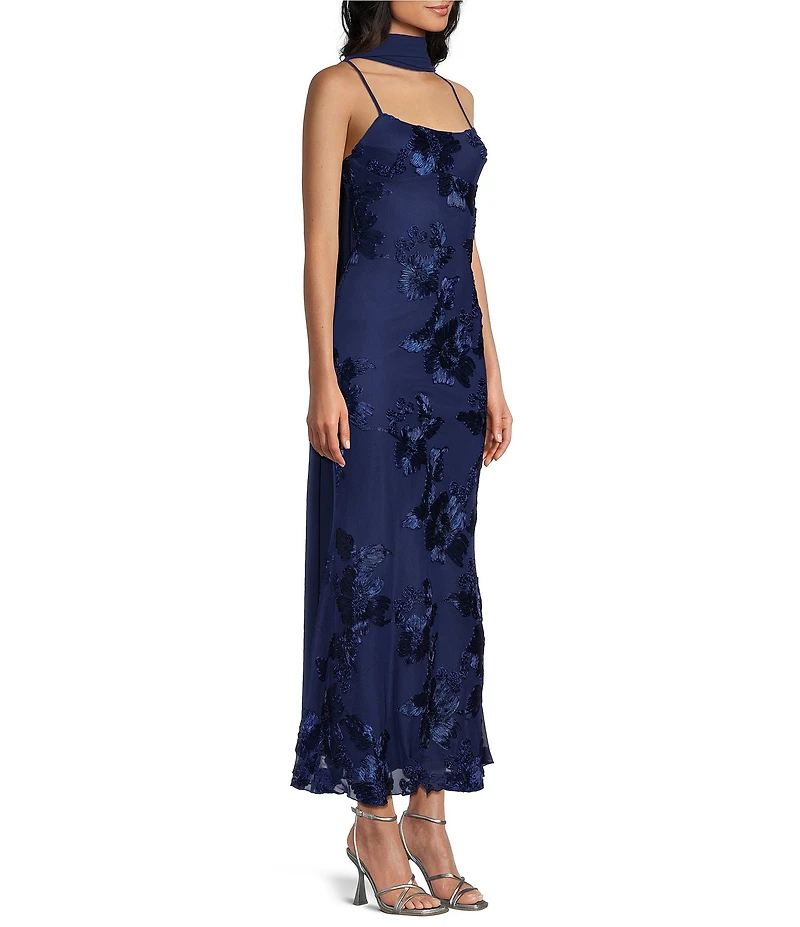 Allison & Kelly Power Mesh Floral Design Scoop Neck Scarf Dress