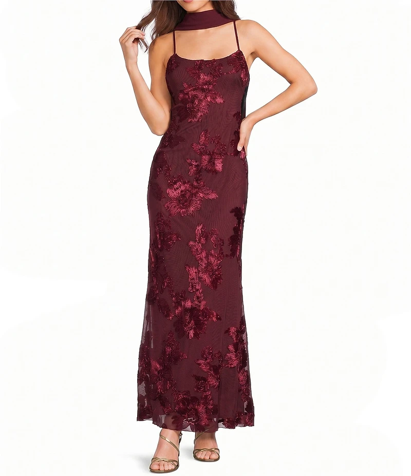 Allison & Kelly Power Mesh Floral Design Scoop Neck Scarf Dress