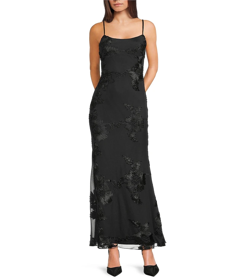 Allison & Kelly Power Mesh Floral Design Scoop Neck Scarf Maxi Dress