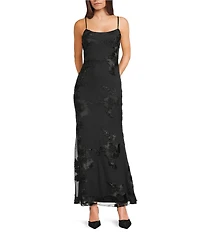 Allison & Kelly Power Mesh Floral Design Scoop Neck Scarf Maxi Dress