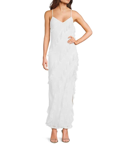 Allison & Kelly Printed Lace V-Neck Asymmetrical Ruffled Dress