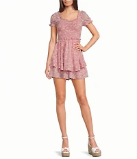 Allison & Kelly Printed Square Neck Short Puff Sleeve Pinch Front Romper