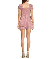 Allison & Kelly Printed Square Neck Short Puff Sleeve Pinch Front Romper