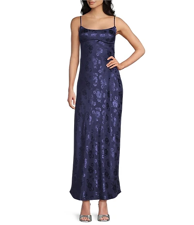 Allison & Kelly Satin Floral Jacquard Scoop Neck Spaghetti Strap Back Cut-Out Midi Dress