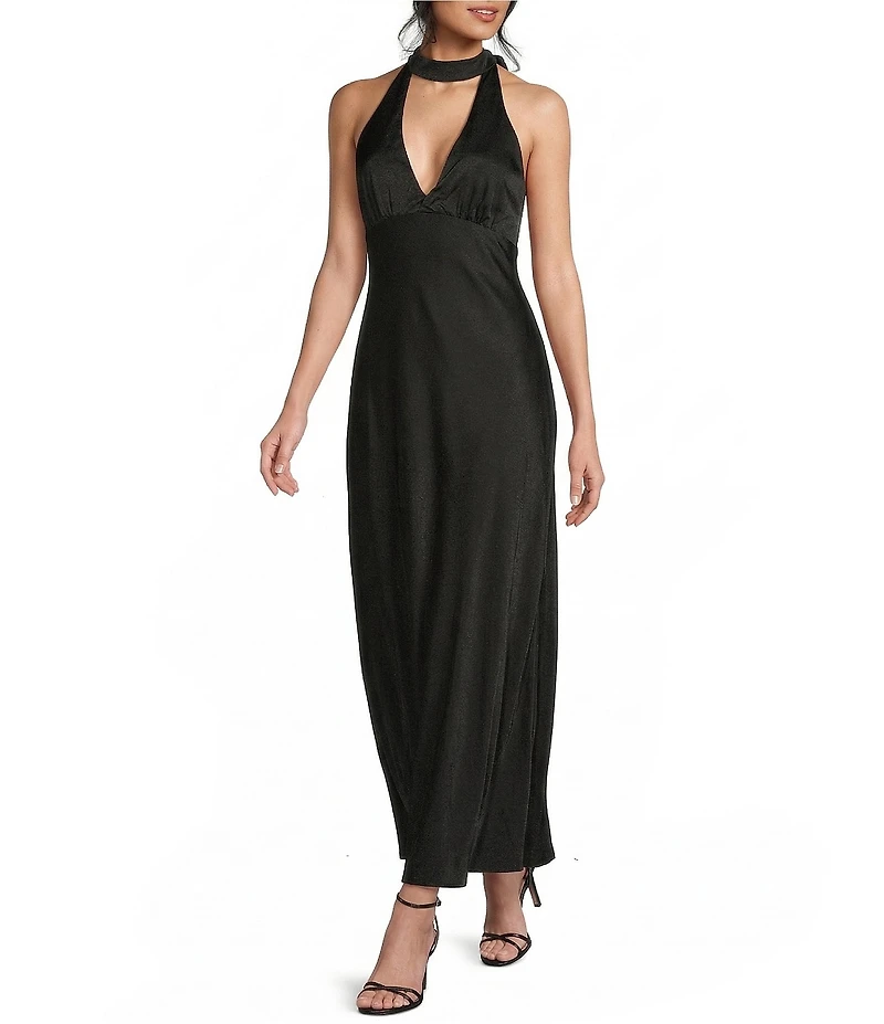 Allison & Kelly Satin Halter V-Neck Scarf Dress