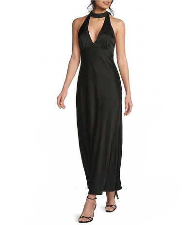 Allison & Kelly Satin Halter V-Neck Scarf Dress