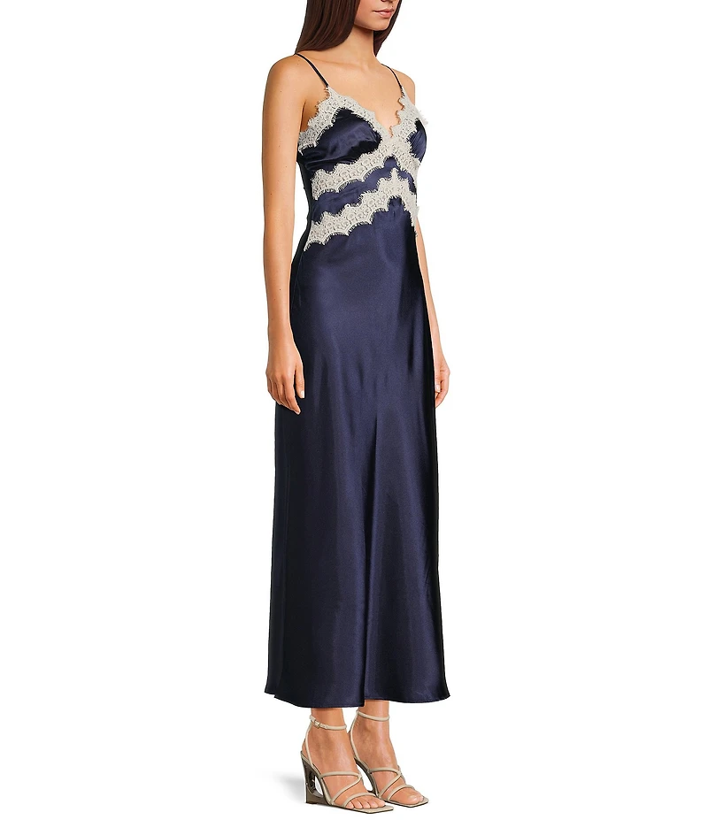 Allison & Kelly Satin Lace Trim V-Neck Spaghetti Strap Dress